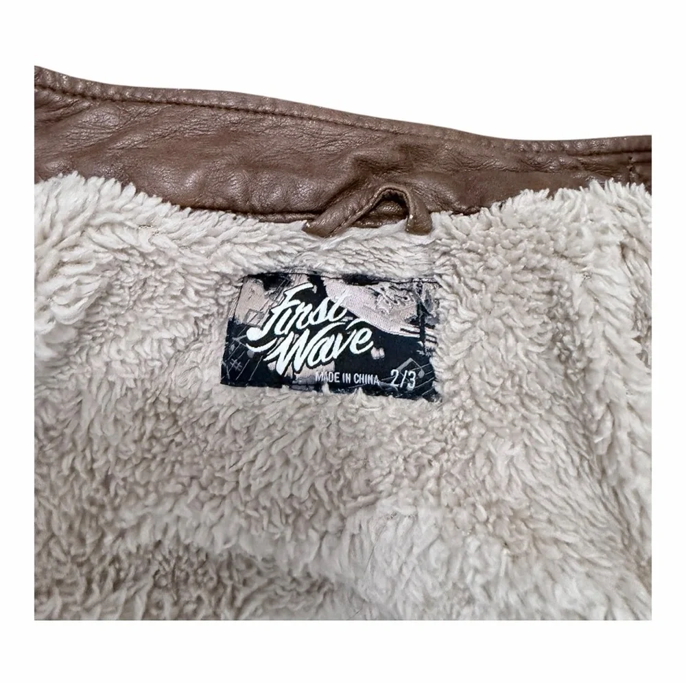 Kids first wave faux Brown Leather bomber/motto‎ Jacket Sherpa lined